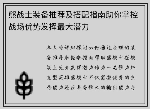 熊战士装备推荐及搭配指南助你掌控战场优势发挥最大潜力